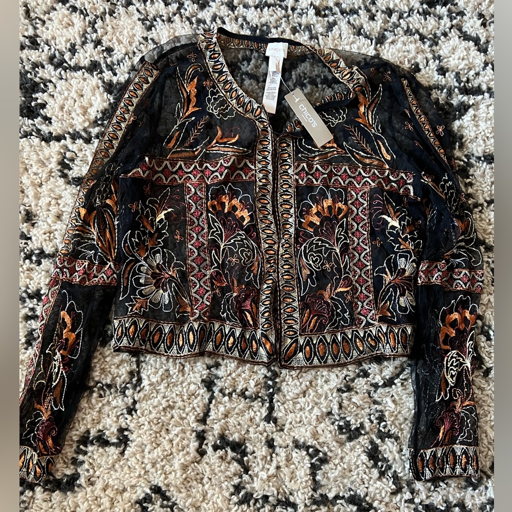 Chicos sheer embroidered blouse. NWT